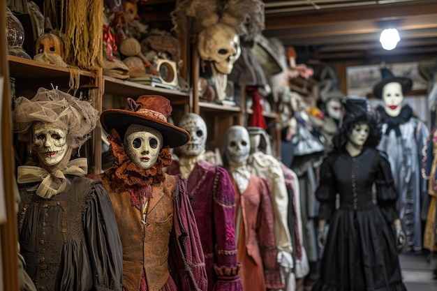 Cette photo montre une pièce remplie d'une collection diversifiée de costumes un grenier rempli de styles anciens de costumes d'Halloween générés par l'IA