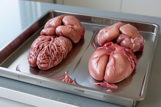 Cette photo montre un plateau métallique contenant deux moitiés d'organes imprimés en 3D d'un cerveau humain sur un plateau médical généré par l'IA.