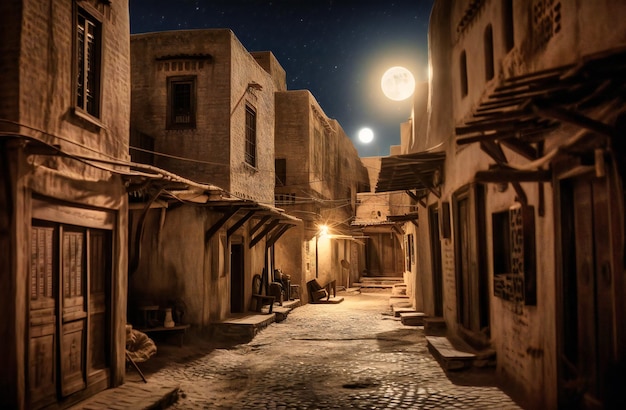 Une photo montre une rue avec des bâtiments et la lune