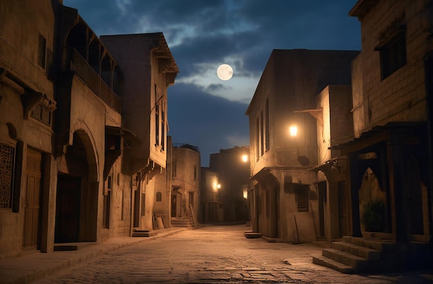 Une photo montre une rue avec des bâtiments et la lune