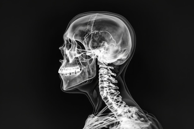 La photo montre la tête d'un squelette révélant la structure squelettique complète D Projection aux rayons X du squelette humain