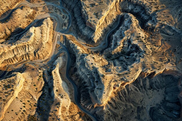 Cette photo montre une vaste chaîne de montagnes désertiques vue d'une perspective élevée Topographie d'un parc national d'un point de vue aérien