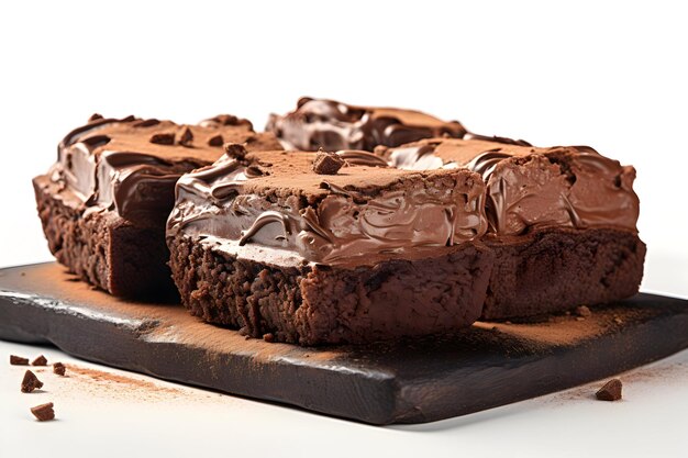 Photo Morceaux de tarte au brownie au chocolat cuits au four sur un délicieux dessert blanc ai génératif