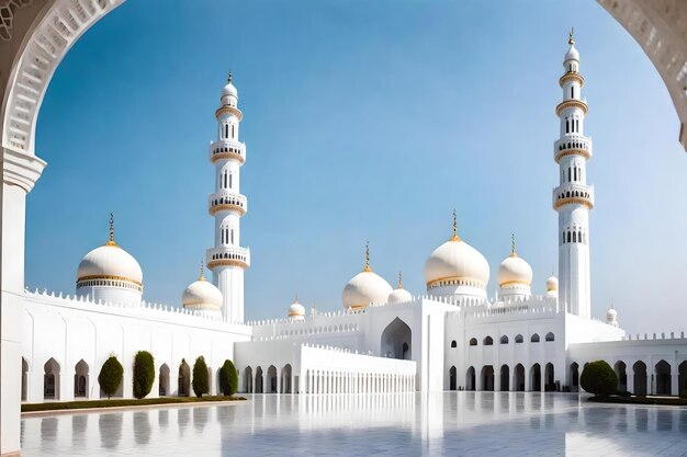 Une photo d'une mosquée avec un ciel bleu et une mosquée en arrière-plan