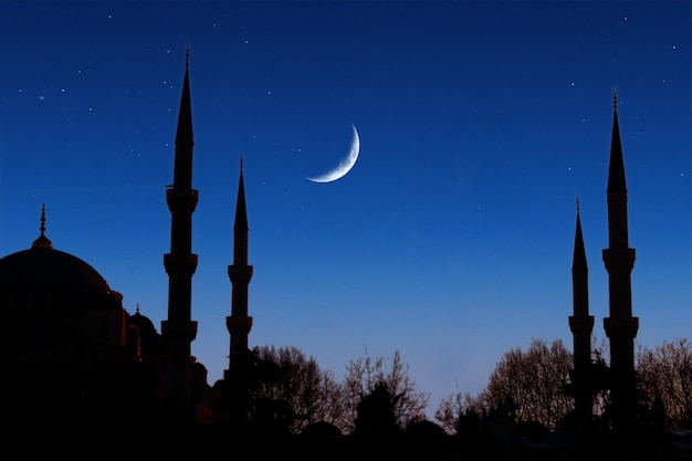 une photo d'une mosquée avec un croissant de lune dans le ciel