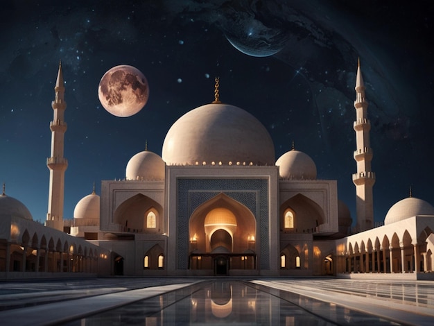 une photo d'une mosquée avec une lune et des planètes en arrière-plan