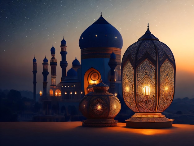 Une photo d'une mosquée avec une mosquée bleue et une lampe Ramadan