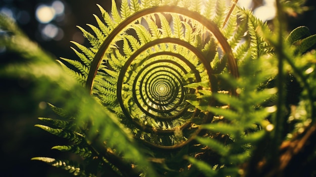 Une photo d'un motif en spirale sur le fond d'un sol forestier à feuilles de fougère