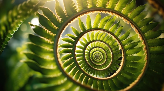 Une photo d'un motif en spirale sur le fond d'un sol forestier à feuilles de fougère