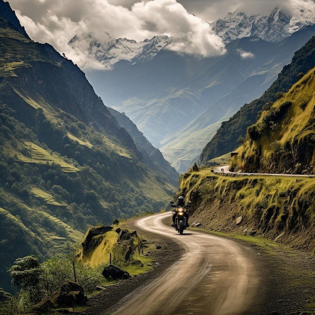 Photo d'une moto sur une route dans les montagnes