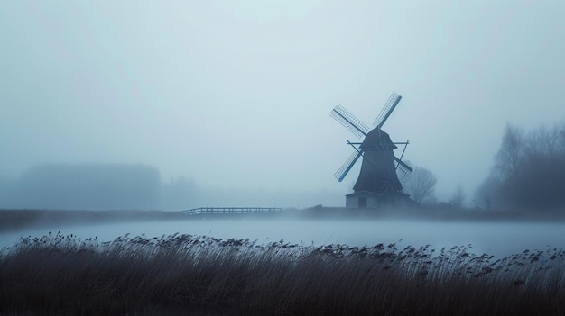 photo d'un moulin à vent solitaire dans le brouillard un paysage calme et mystérieux technologies de traitement des céréales