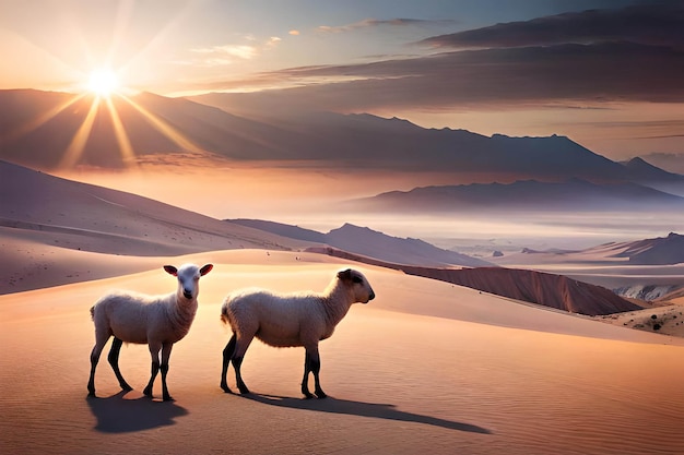 Une photo de moutons dans le désert avec le soleil qui brille dessus.