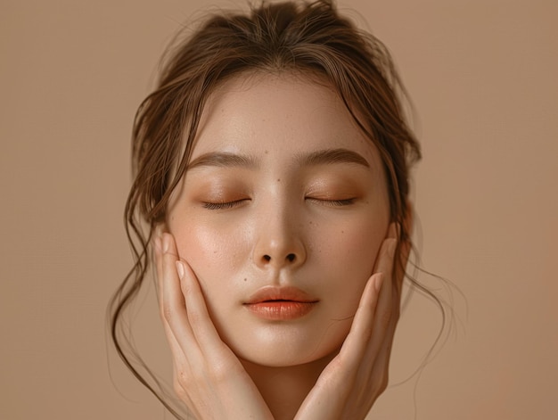 Une photo moyenne d'un portrait de taille haute d'une femme asiatique devant un fond beige