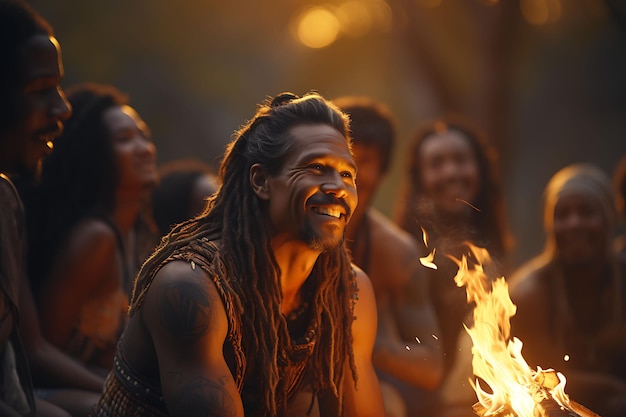 Photo de la narration aborigène autour d'un feu de camp Orange chaud et des idées conceptuelles festives