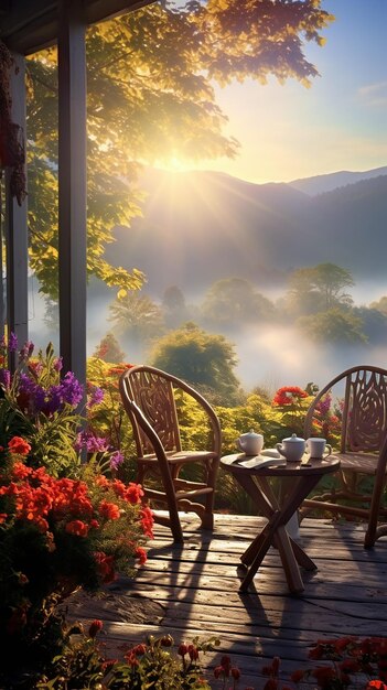 Photo de la nature du matin avec une tasse de thé ou de café avec de belles fleurs et du soleil