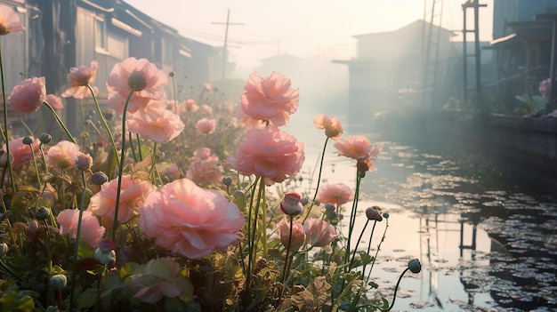 Photo de la nature du matin avec vue sur le lac, soleil, fleurs, forêt, thé et café