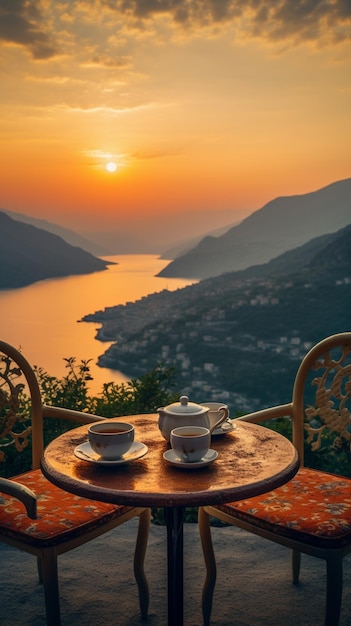 Photo de la nature matinale avec une tasse de thé ou de café avec de belles fleurs et du soleil