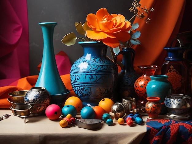 Photo nature morte avec de petits objets déco aux couleurs vives