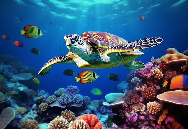 Photo de la nature sous-marine de la mer profonde avec de beaux poissons et tortues