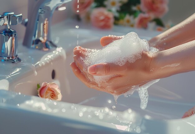 Photo de nettoyage en profondeur en se lavant les mains avec de l'eau et des bulles de savon dans l'évier de la salle de bain