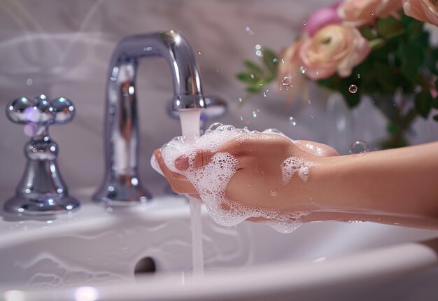 Photo de nettoyage en profondeur en se lavant les mains avec de l'eau et des bulles de savon dans l'évier de la salle de bain