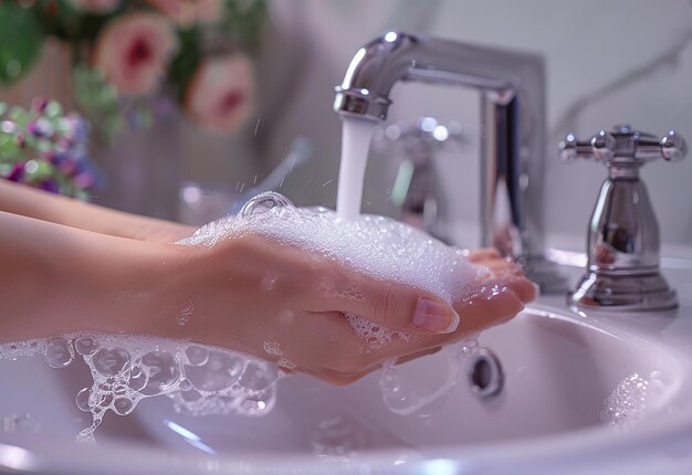 Photo de nettoyage en profondeur en se lavant les mains avec de l'eau et des bulles de savon dans l'évier de la salle de bain