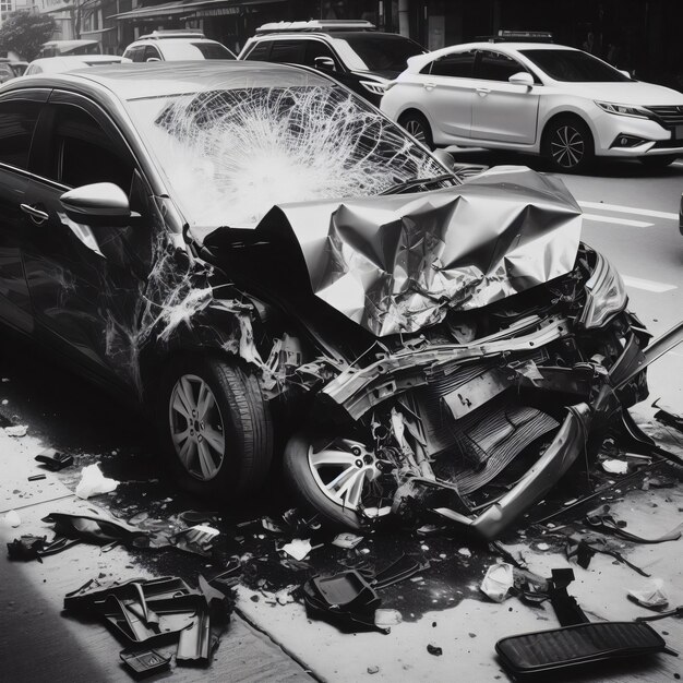 Photo photo en noir et blanc d'un accident de voiture dans le centre-ville, pare-brise et pare-chocs cassés dans la rue.