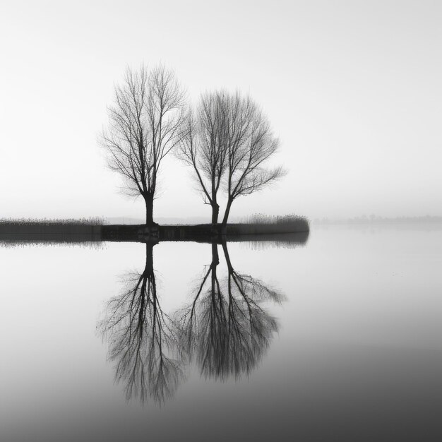 Photo en noir et blanc d'arbres dans l'eau avec du brouillard en arrière-plan