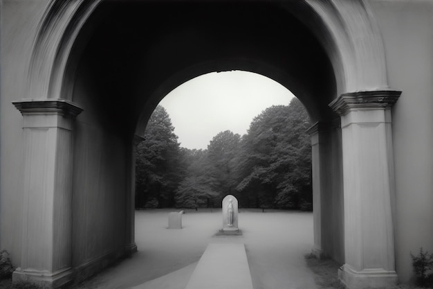 Une photo en noir et blanc d'une arcade