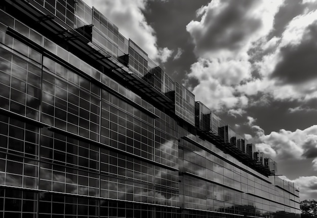 Une photo en noir et blanc d'un bâtiment avec un ciel nuageux.