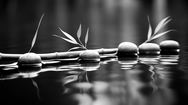 Une photo en noir et blanc de boules et de feuilles de bambou sur un lac.