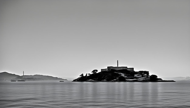 Photo une photo en noir et blanc d'une cabane sur un plan d'eau