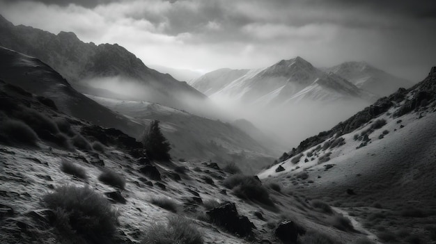 Une photo en noir et blanc d'une chaîne de montagnes avec de la neige au sol et des nuages dans le ciel.