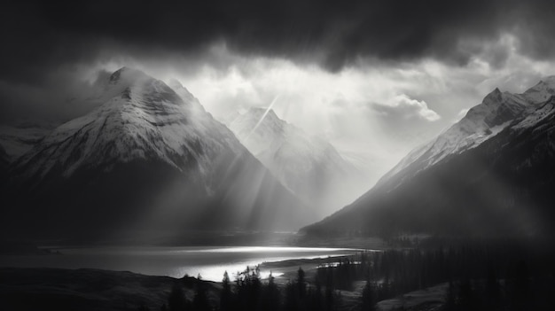 Une photo en noir et blanc d'une chaîne de montagnes avec le soleil