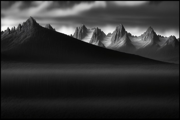 Une photo en noir et blanc d'une chaîne de montagnes