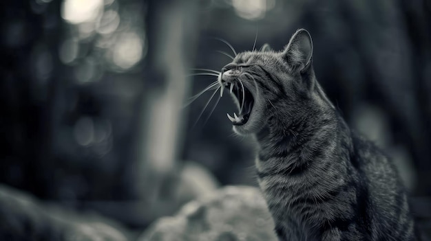 Une photo en noir et blanc d'un chat qui bâille