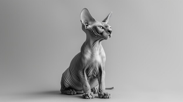 une photo en noir et blanc d'un chat sphynx assis sur un fond gris