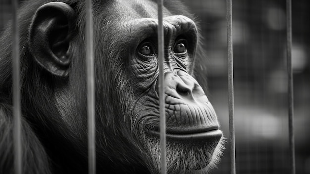 Une photo en noir et blanc d'un chimpanzé derrière les barreaux.