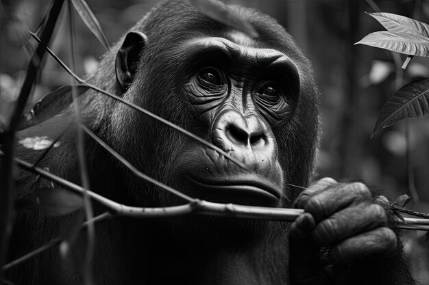 Une photo en noir et blanc d'un chimpanzé tenant Generative Ai