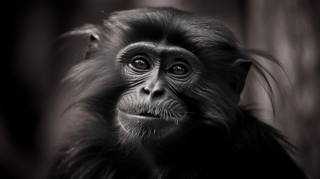 Une photo en noir et blanc d'un chimpanzé.