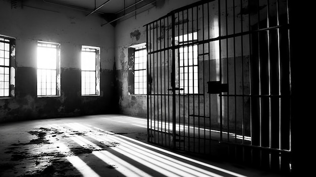 Photo une photo en noir et blanc à contraste élevé d'une cellule de prison vide, la porte ouverte jetant de longues ombres sur le sol.