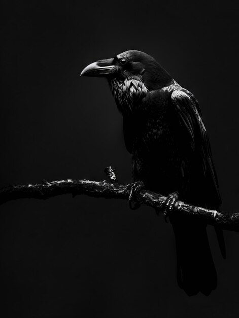 Une photo en noir et blanc d'un corbeau sur une branche