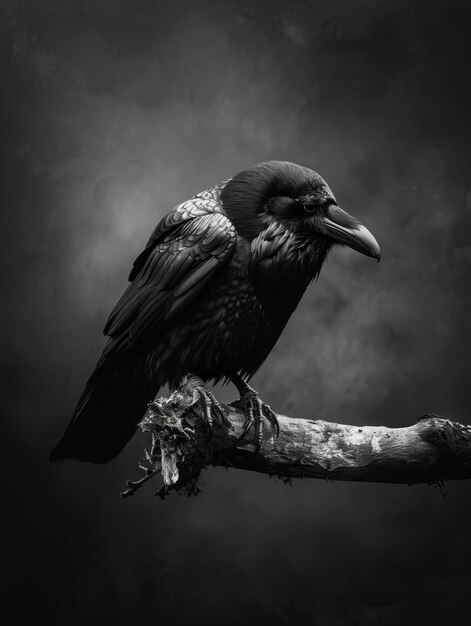 Une photo en noir et blanc d'un corbeau sur une branche