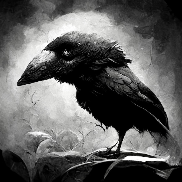 Une photo en noir et blanc d'un corbeau avec un grand œil et un grand bec noir.