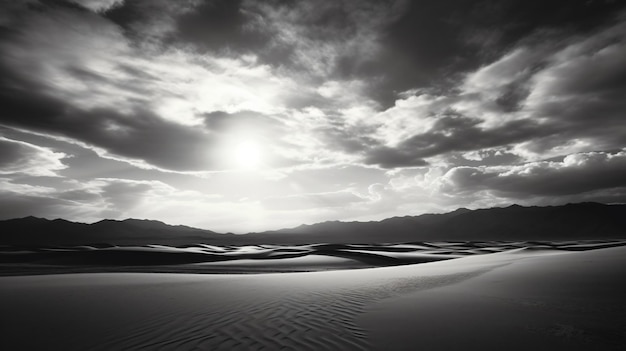 Une photo en noir et blanc d'un désert avec des dunes de sable