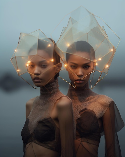 une photo en noir et blanc de deux mannequins aux yeux brillants et à la robe noire.