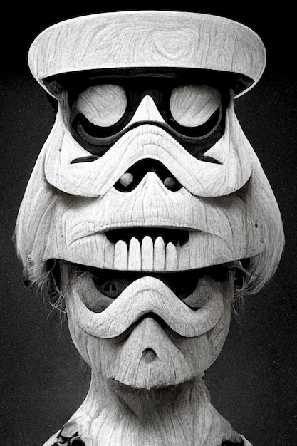 Une photo en noir et blanc de deux masques en bois avec un grand sourire sur le visage.