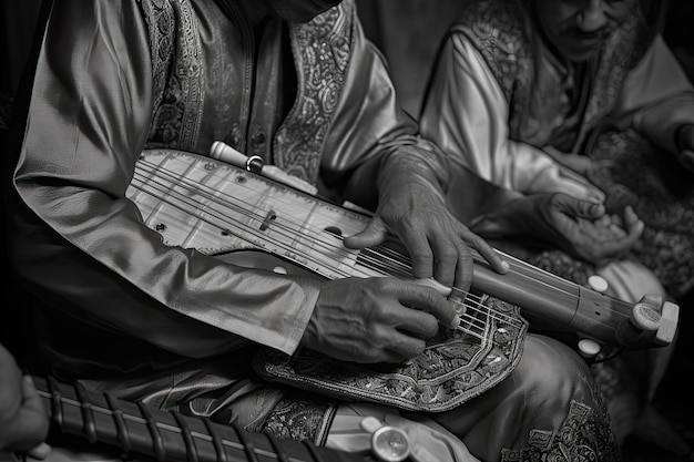 Photo une photo en noir et blanc de deux personnes jouant de la musique generative ai