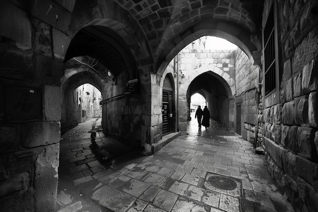 Photo une photo en noir et blanc de deux personnes marchant à travers une voûte