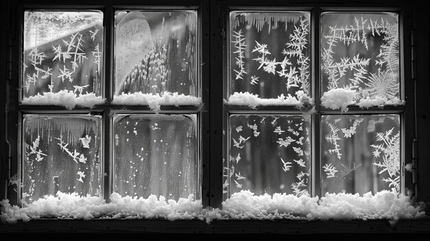 Photo en noir et blanc du gel et de la neige sur une fenêtre